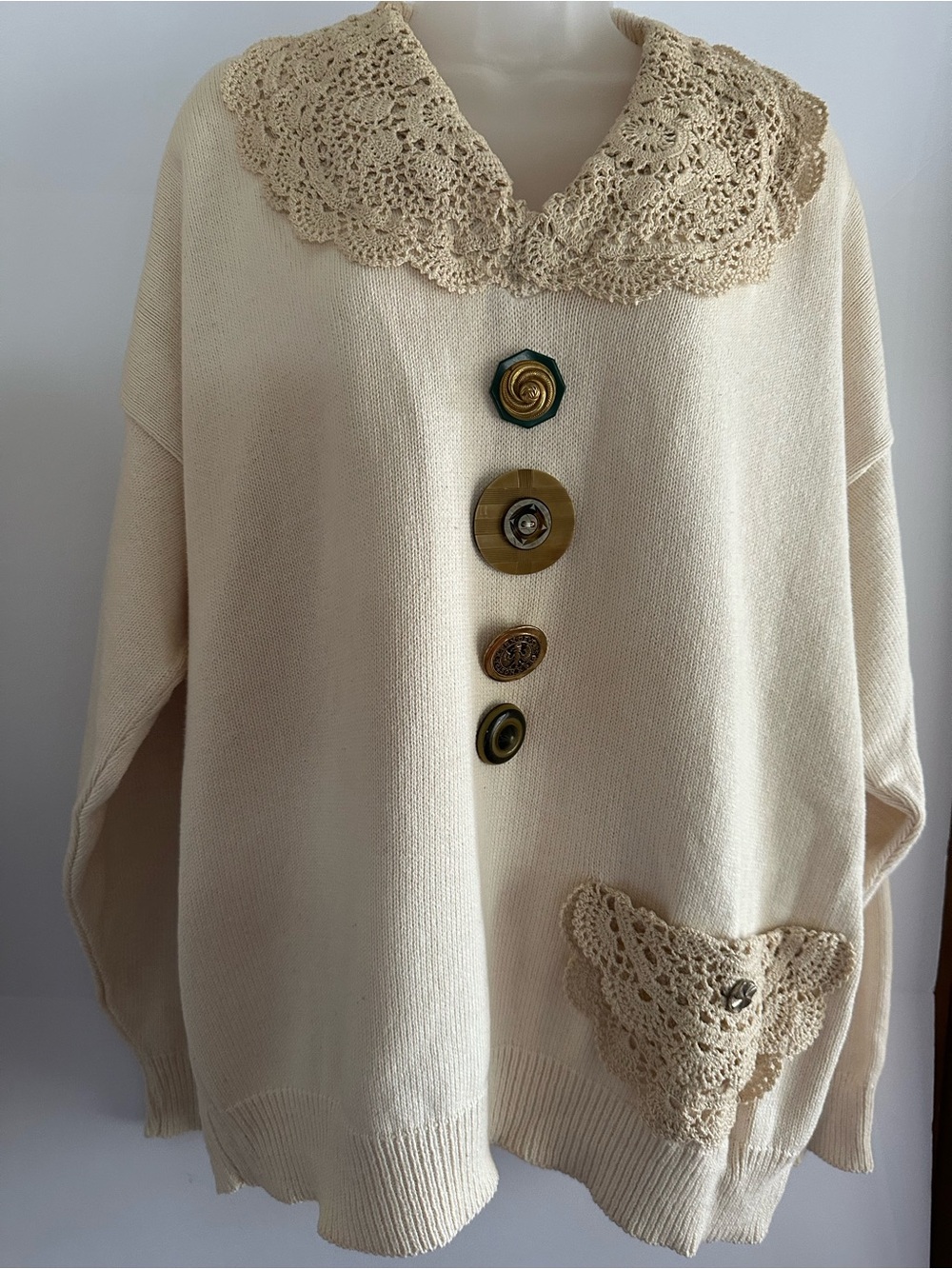 Vintage Oak Creek Sweater XL Cream Cotton Crochet Collar Statement Buttons USA